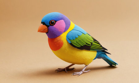 A colorful paper bird sits on a light brown backgroundの素材