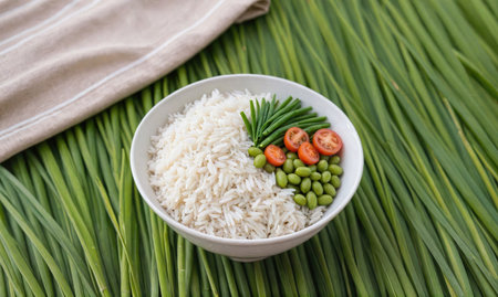A bowl of white rice with green beans, edamame, and cherry tomatoes sits on a bed of green grassの素材