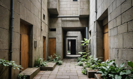 A narrow, concrete courtyard with a single, wooden door and plants growing in the cornersの素材