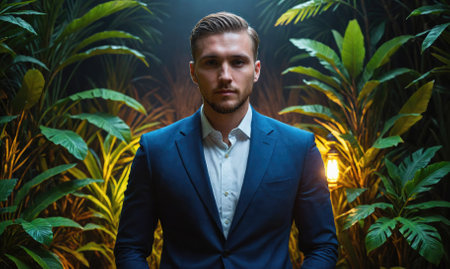 A man in a blue suit stands in front of a wall of lush green foliageの素材