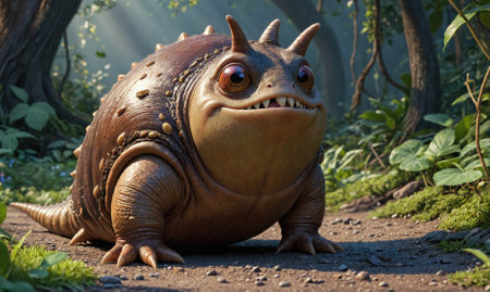 A large, brown, spiky creature walks on a forest pathの素材