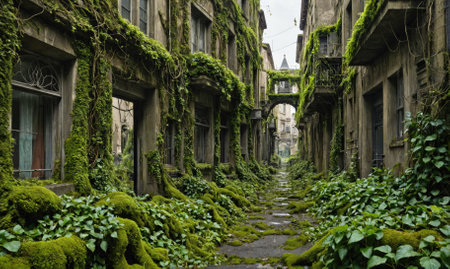 An overgrown alleyway in an abandoned city, showing the power of nature reclaiming what was once humanの素材