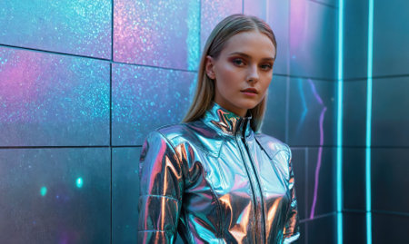 A woman in a silver jacket stands in front of a wall with blue and purple neon lightsの素材