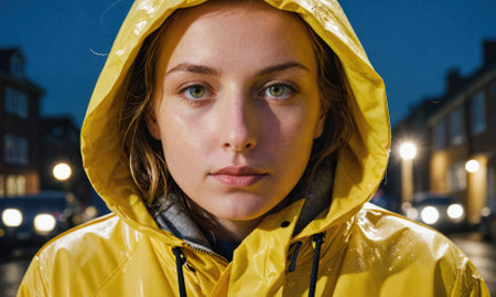 A woman in a yellow raincoat is standing in front of a buildingの素材