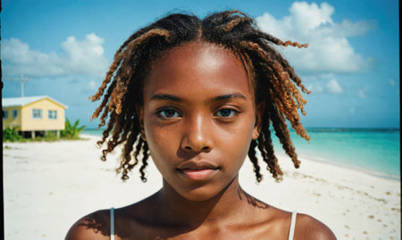 A young woman with brown hair and blue eyes stands on a beachの素材