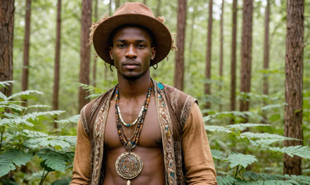 A man wearing a brown hat and a brown vest stands in a forestの素材