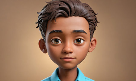 A young boy with brown hair and brown eyes is shown in a blue shirtの素材