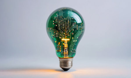 A green light bulb with a circuit board insideの素材