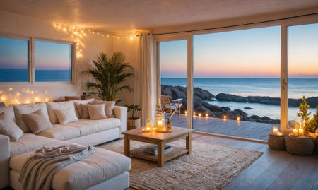 A living room with a large window overlooking the oceanの素材