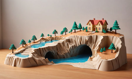 A paper model of a house and a river with treesの素材