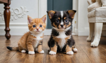 Two kittens are sitting on a wooden floor next to a chairの素材