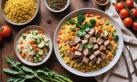 A plate of food with a variety of vegetables and meat, including broccoliの素材