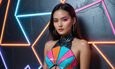 A woman in a colorful outfit stands in front of a neon wallの素材