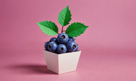 A white box with blueberries and a leaf on topの素材