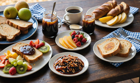 A table with a variety of food items including sandwiches, fruit, and pastriesの素材