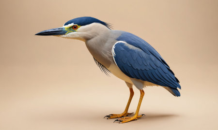 A blue and gray bird with a long beak stands on a tan backgroundの素材