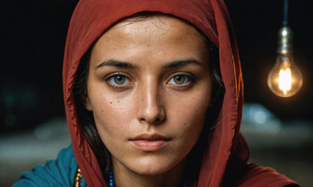 A woman with a red scarf on her head and a blue scarf around her neckの素材