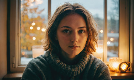 A woman is sitting in front of a window with candlesの素材