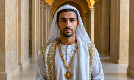 A man wearing a white robe and a gold necklace stands in a long hallwayの素材