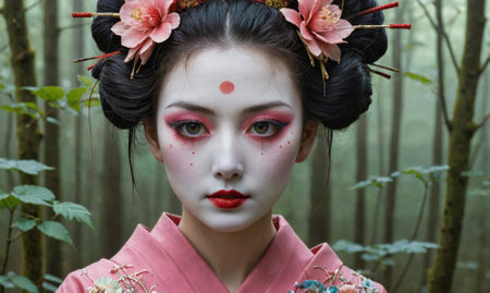 A woman with a red and white face paint and a pink and white dressの素材