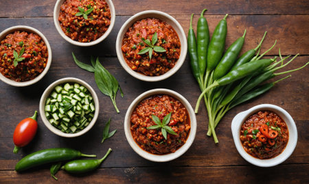 A table with several bowls of food, including a bowl of chiliの素材