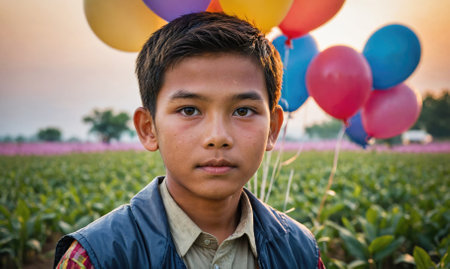 A boy is standing in a field with a bunch of balloonsの素材