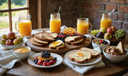 A table is set with a variety of breakfast foods, including bread, fruitの素材