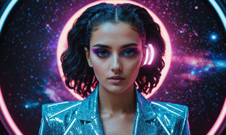 A woman with purple eyes and purple hair is wearing a silver jacketの素材