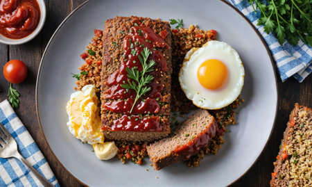 A plate of meat and eggs with a side of breadの素材