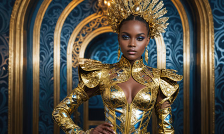 A woman in a gold outfit is posing for a photoの素材