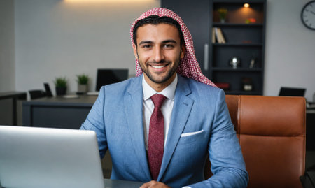 A man in a blue suit and red tie is smiling at the cameraの素材