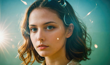A woman with brown hair and blue eyes is standing in front of a bright sunの素材