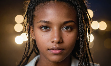 A young woman with dark hair and a serious expressionの素材