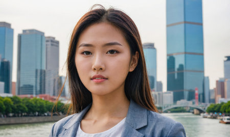A woman in a business suit stands in front of a city skylineの素材
