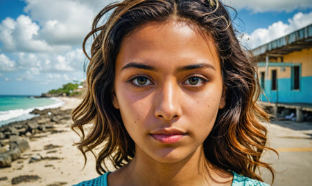 A woman with brown hair and brown eyes is standing on a beachの素材