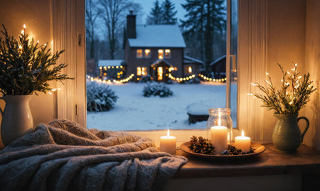 A cozy scene with a house and a window with a blanket draped over itの素材