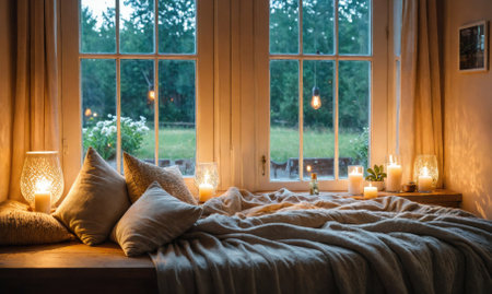 A cozy bedroom with a bed, pillows, and a windowの素材