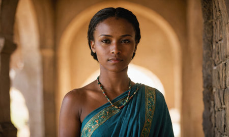 A woman wearing a blue sari stands in front of a stone archwayの素材