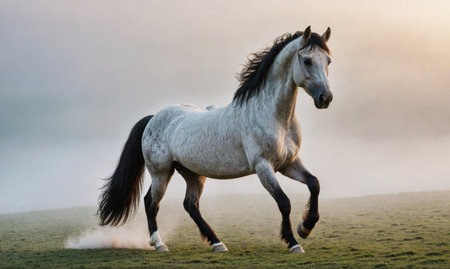 A horse is running in a field with a foggy sky in the backgroundの素材