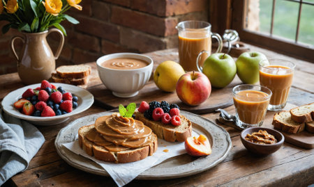A table with a variety of food and drinksの素材