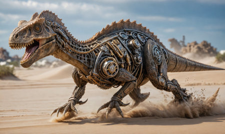 A dinosaur with mechanical parts is running through the desertの素材