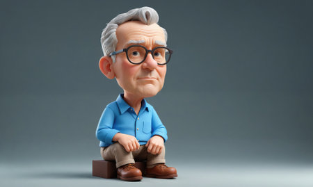 A man in glasses sits on a chairの素材