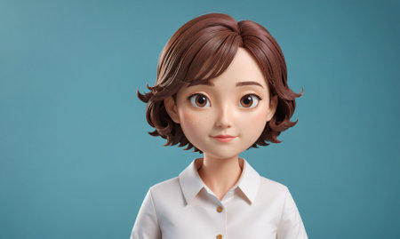 A cartoon girl with brown hair and a white shirtの素材