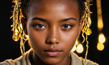 A woman with long hair and gold earrings is looking at the cameraの素材