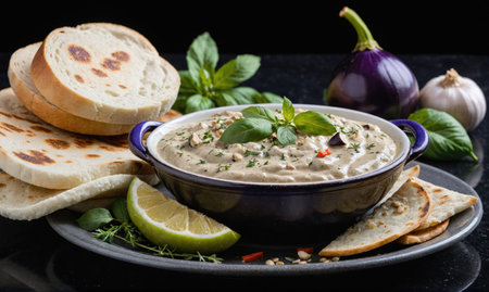 A bowl of soup with a green leaf on top and a slice of lime on the sideの素材