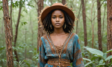 A woman wearing a brown hat and a blue and brown dress is standing in a forestの素材