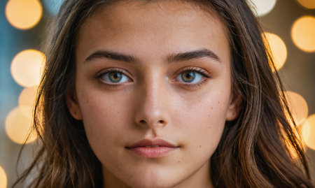 A woman with brown hair and green eyes is smilingの素材