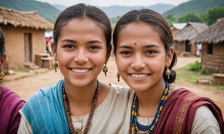 Two young women smiling for the cameraの素材