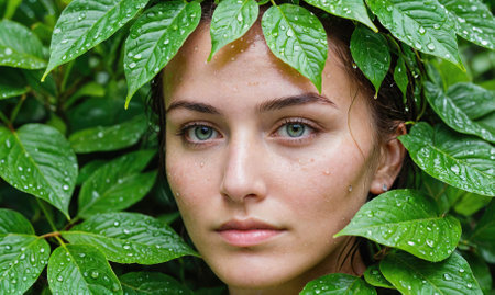 A woman is standing in a lush green forest with leaves on her headの素材