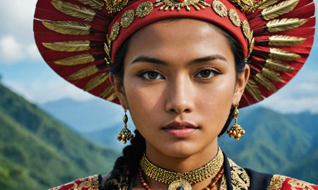 A woman wearing a red hat and gold earrings stands in front of a mountain rangeの素材